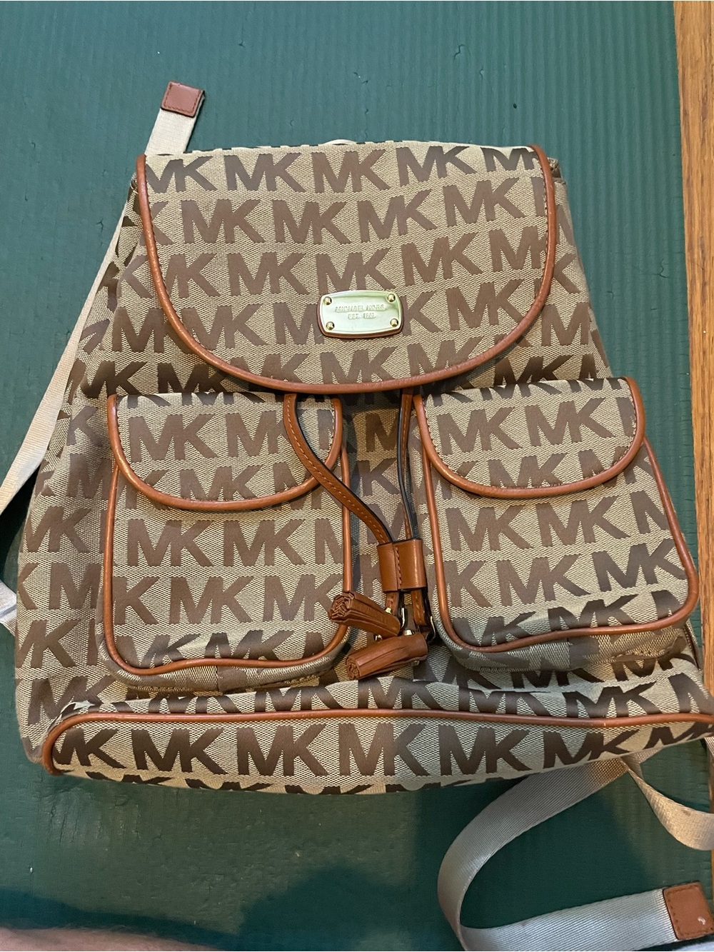 Michael Kors Tan and Brown MK Logo Drawstring Backpack